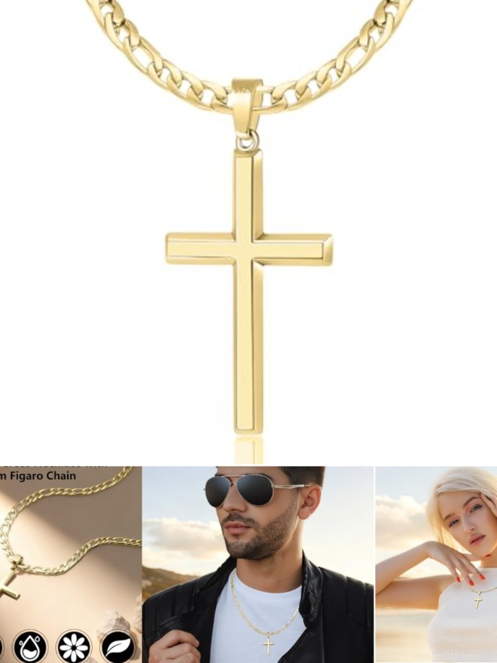 S925 Sterling Silver Cross Necklace 18k Gold Plated Figaro Chain Men Women